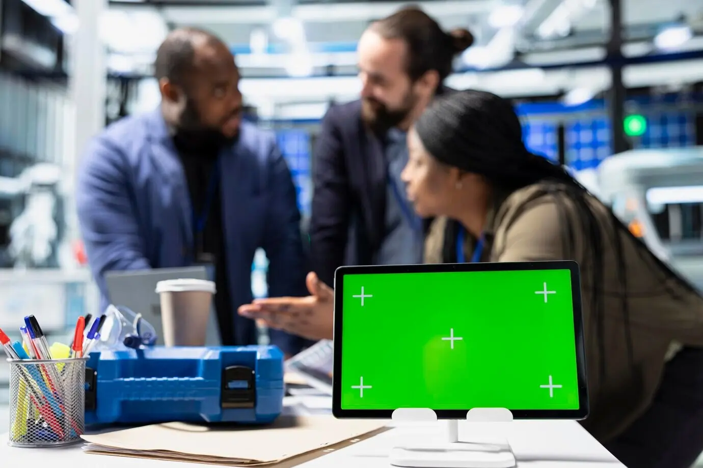 Multiethnische Gruppe von Technikern bei der Arbeit in einer Solaranlage, mit Platz für Text.